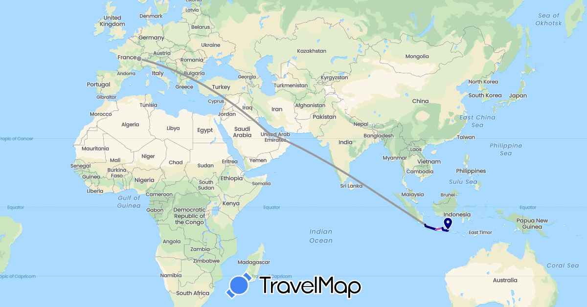 TravelMap itinerary: driving, plane, train, hiking, boat in Switzerland, Indonesia, Qatar (Asia, Europe)